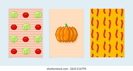 Set of three posters with images of vegetables. Pixel illustration