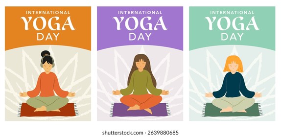 Set of Three Posters for International Yoga Day Featuring Women Meditating in Colorful Styles