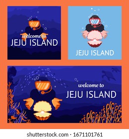 a set of three posters for Jeju Island. underwater world, marine life, starfish, corals, algae, school of fish. for cards, banners and posters