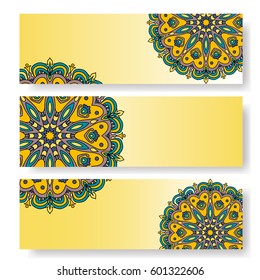 Set of three posters with mandalas. Ethnic tribal ornaments. Mandala patterns. Boho style.Elegant layout with floral mandala. Decorative oriental templates for brochure, flyer or booklet. Mehndi style