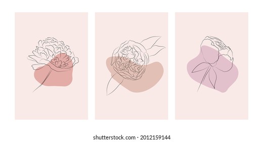 Set of three posters with minimalist line peonies flower and abstract shapes on pink backgrounds