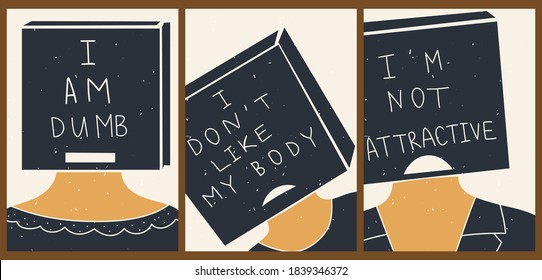 A set of three posters with moral problems of people and patients. Vector minimalist social background. Psychological assistance concept. Problems with low self-esteem. Illustration for a psychologist