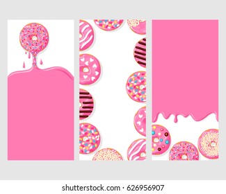 A set of three posters : pink donut dripping with glaze, donuts with different toppings, and icing flowing down 