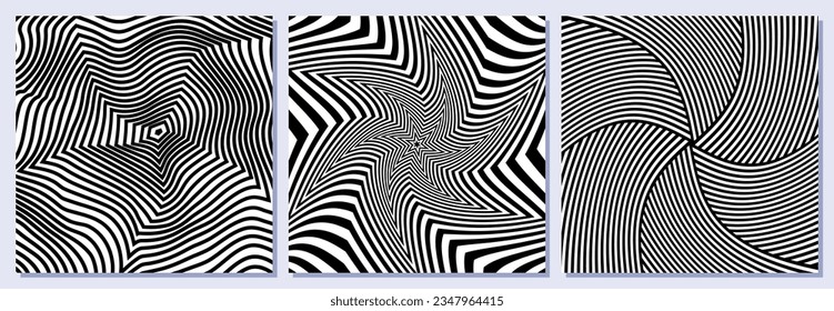 Set of three posters in retro op art style. Optical illusions in black and white. Trendy set of backgrounds. Vector.