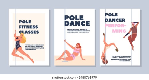 Set Of Three Posters Showcasing Pole Fitness Classes And Pole Dance Performance, Promoting Strength, Flexibility