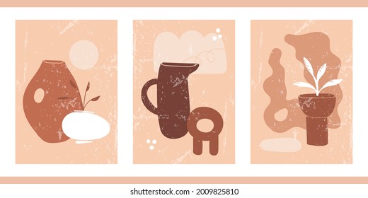 A set of three posters with a still life in coffee shades. Modern creative minimalistic elegant illustration. Vintage aged background. Vases of various shapes with plants, dots, grunge texture.