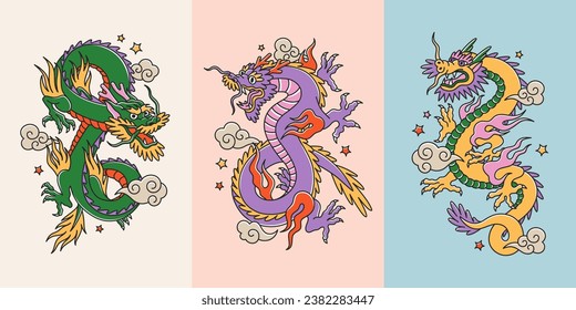 Set of three posters with tattoo chinese dragons. Symbol of New Year 2024. Asian colorful cartoon style. Template for your holiday banners and posters.