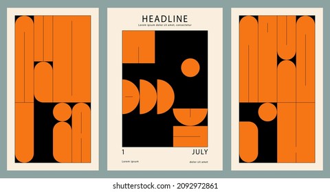 Set of three posters for typography, decor design, covers. Abstract illustration with thin lines, circles, rectangles. Vertical background with various orange rounded shapes on black.