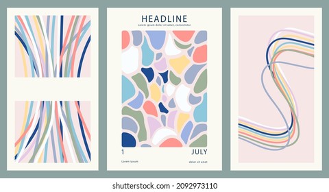 Set of three posters for typography, decor design, covers. Abstract illustration with various shapes, thick curved lines, threads, rectangles in pastel colors on a light background.