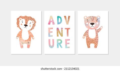 Set of three posters for the wall. Hand drawn watercolor effect illustration lion and bear design.