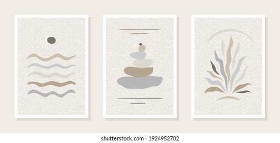 Set three posters  wall paintings  Abstract images the sea  water  sun  pyramid stones  plants  Soft pastel colors  beige  light brown  gray  Linen canvas texture  Interior decoration  Vector
