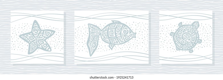 Set of three posters, wall paintings. Monochrome stylized image of a blue turtle, fish, starfish, wavy lines on a white background. Marine theme. Interior decoration. Modern style. Vector illustration