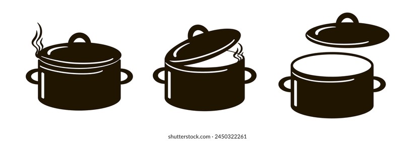 Set of three pots. The black silhouette of an open pan, half-open with steam and with a lid. Stock vector illustration isolated on a white background