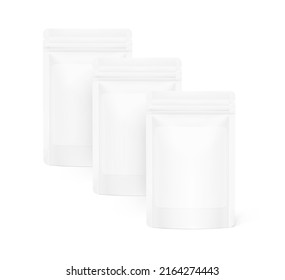 Set of three pouch bags with label isolated on white background. Vector illustration. Front view. Can be use for template your design, presentation, promo, ad. EPS10.	