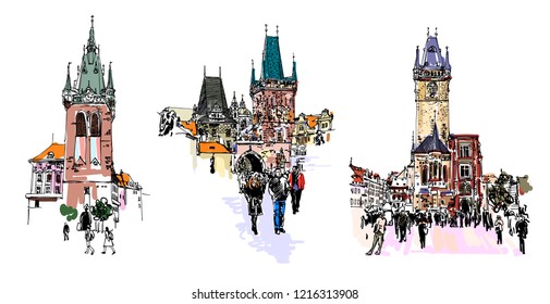 set of three Prague landmark sketch drawing isolated on white, Czech Republic, vector illustration collection