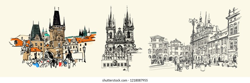 set of three Prague landmark sketch drawing isolated on light, Czech Republic, vector illustration collection