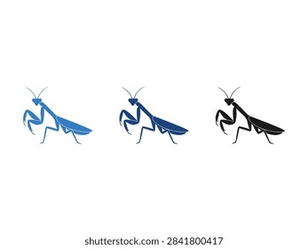 A set of three praying mantis insect silhouettes featuring light blue dark blue and black color variations isolated on a plain background