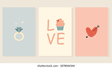 Set of three pre-made minimalistic greeting cards for St. Valentines Day. Engagement ring, heart, cupcake 