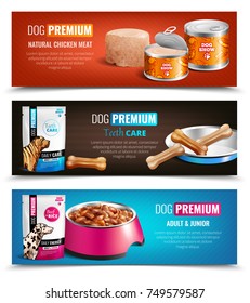 Set of three premium dog food horizontal banners with images of product package and filled dish vector illustration