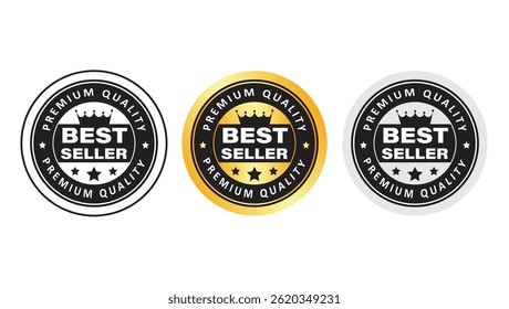 Set of three premium quality best seller round badges in black, gold and silver colors with stars and crown elements, used for trusted products and top items labeling	