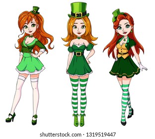 Set of three pretty red-haired girls wearing St. Patrick's day costume. Hand drawn colored illustration on white background. Can be used for coloring books, cards, games etc.