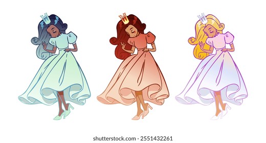 Conjunto de tres princesas en hermosos vestidos. Ilustración de personaje. Ilustración vectorial.