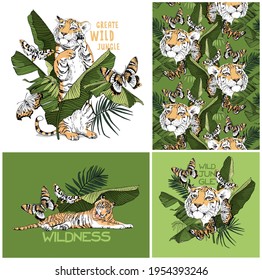 Set of the three print and one seamless wallpaper pattern. Tiger, butterflies and exotic palm leaves. Wild camo. Textile composition, hand drawn style print. Vector illustration.