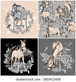 Set of three prints and one seamless wallpaper pattern. Grazing beautiful horses and the wildflowers with leaves. Textile composition, hand drawn style print. Vector illustration.