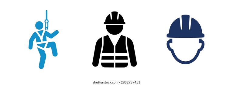 A set of three professional icons representing occupational health and safety including a worker in high visibility gear and a climber using fall protection equipment.
