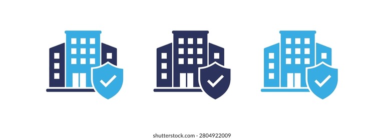 A set of three professional office building icons featuring a protective shield and checkmark representing real estate security and commercial insurance coverage