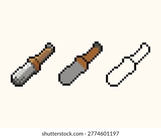 A set of three professional pixel art icons depicting a mini soil cutter or hand trowel tool. This collection includes a detailed shaded version, a flat color graphic, and a clean line art outline. Perfect for farming simulators, gardening apps, inventory systems, and agricultural digital content.