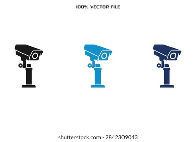 A set of three professional security camera icons featuring black and blue color variations for surveillance and safety monitoring applications