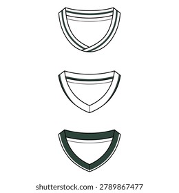 A set of three professional technical fashion sketches showing various v-neck collar designs for t-shirts and sports jerseys.
