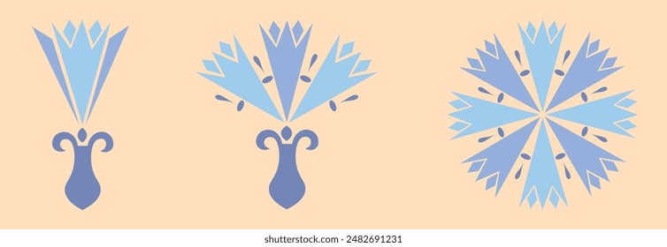 A set of three projections of a flower: a bud, a half-opened flower and fully blossomed top view. Wilfflower in vector  on a colored background. Cornflower blooming stages
