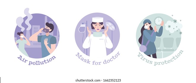 Set of three protection mask round flat compositions with people wearing air pollution coronavirus protective masks vector illustration