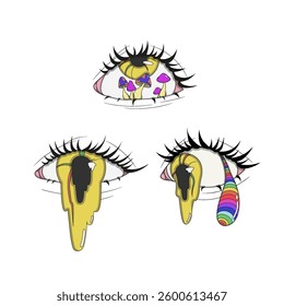 A set of three psychedelic stickers with yellow eyes, an eye with a leaking pupil, an eye with an iridescent tear, and an eye with mushrooms inside