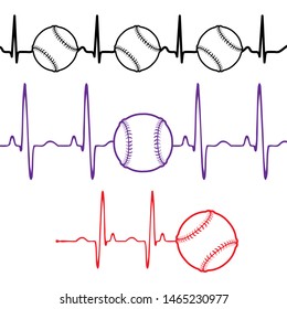 Set of three pulse track lines with baseball symbols isolated on white background