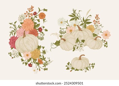 Set with three pumpkin arrangements. Floral composition. Vintage. Pastel colors.