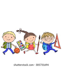 Set of three pupils with big school supplies on a white background