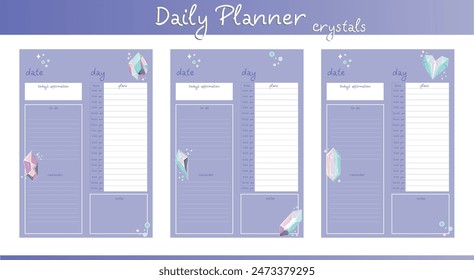 A set of three purple day planners with magic crystals. Suitable for school, college, university and habit building.