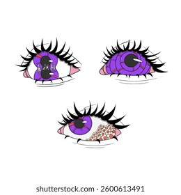 Set of three purple eyes, psychedelic stickers, eye with daisies, split eye, spiral eye, liquid eyes