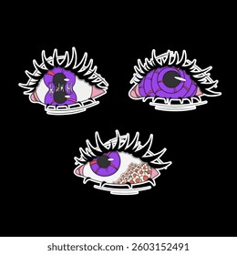 Set of three purple eyes, psychedelic stickers, eye with daisies, split eye, spiral eye, liquid eyes