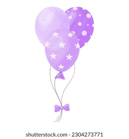 Set of three purple violet balloons with stars and circles, watercolor effect, isolated on white background, vector illustration