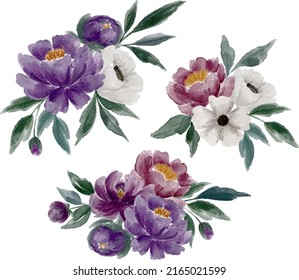 Set of three purple and white peony and anemone flowers bouquets isolated on white digital watercolor painting