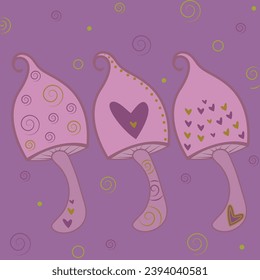 Set of three purple witch mushrooms.Three love mushrooms with purple abstract background,magic cartoon mushrooms 