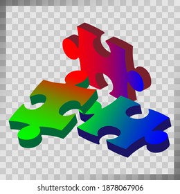 A set of three puzzles. A puzzle with different types of parts and the ability to move each part. Colored vector illustration.