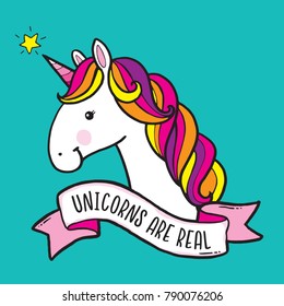 A set of three quirky cartoon unicorns with rainbow manes and tails.

