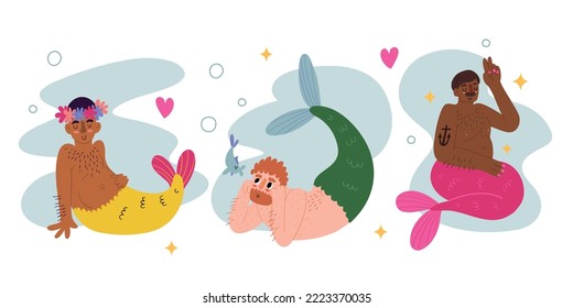 Set with three quirky and diverse mermen , isolated vector illustration in flat style