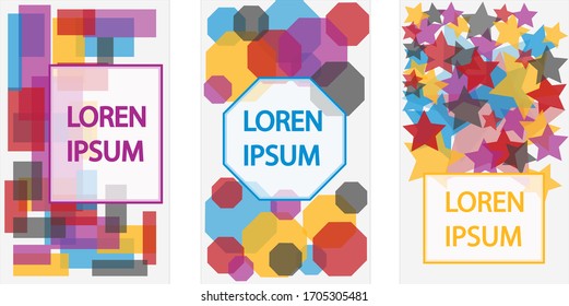 A set of three rainbow summer posters in a geometric style. Disco is a light fluid of art. Trendy Memphis prism & amoeba elements on a colored background. Vector graphics