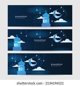 Set of three ramadan banner background for greeting card, web header, presentation design, social media cover sale promotion